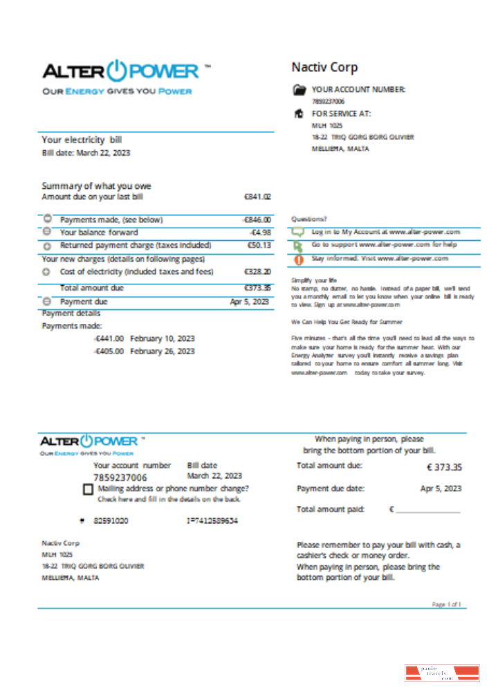 AlterPower Malta proof of address utility business bill,  SCR PSD template